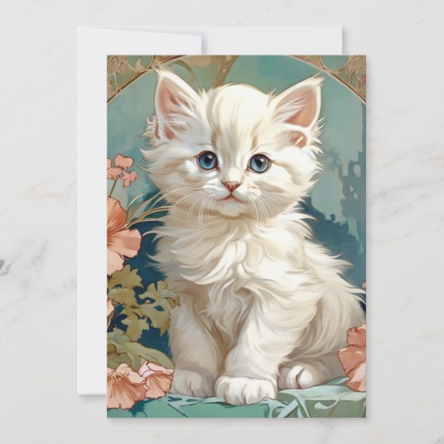 Alphonse Mucha Style White Cat Announcement (Front)
