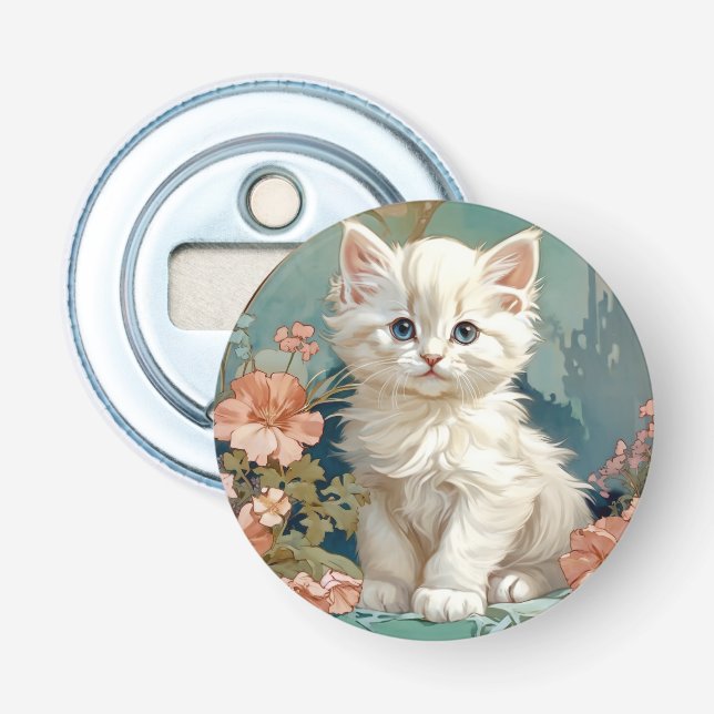 Alphonse Mucha Style White Cat Bottle Opener (Front)