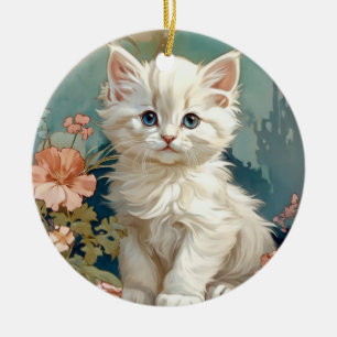 Alphonse Mucha Style White Cat Ceramic Ornament