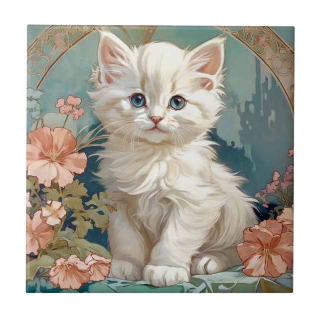 Alphonse Mucha Style White Cat Ceramic Tile (Front)