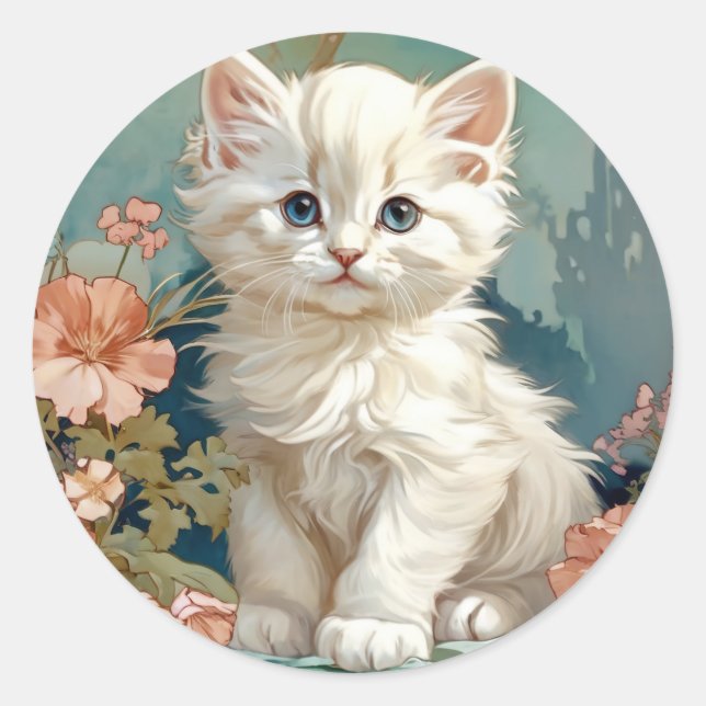 Alphonse Mucha Style White Cat Classic Round Sticker (Front)