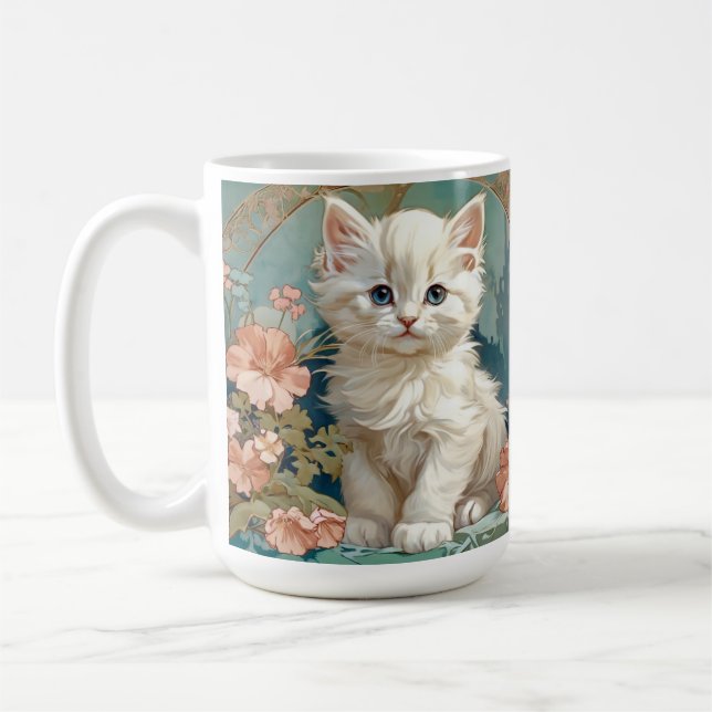 Alphonse Mucha Style White Cat Coffee Mug (Left)