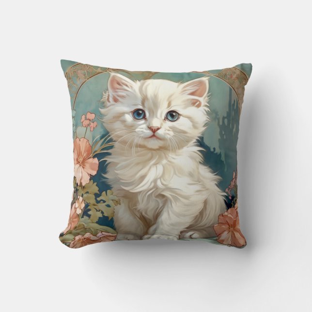 Alphonse Mucha Style White Cat Cushion (Front)