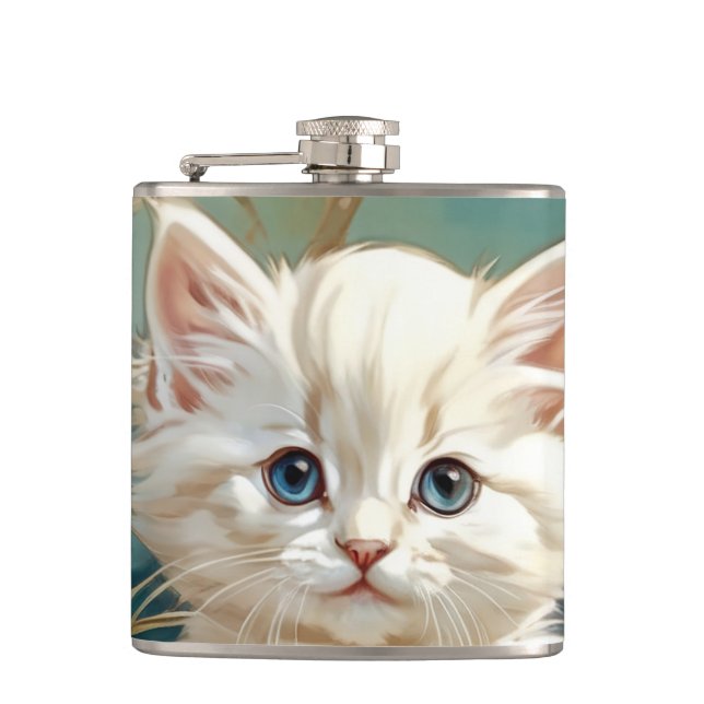 Alphonse Mucha Style White Cat Hip Flask (Front)