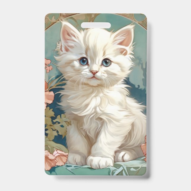Alphonse Mucha Style White Cat ID Badge (Front)