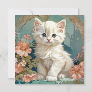 Alphonse Mucha Style White Cat Invitation