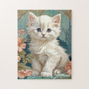 Alphonse Mucha Style White Cat Jigsaw Puzzle