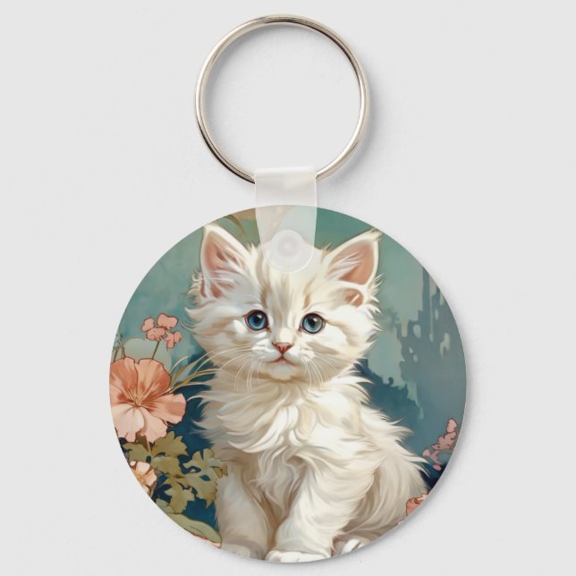 Alphonse Mucha Style White Cat Key Ring (Front)