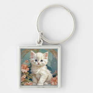 Alphonse Mucha Style White Cat Key Ring