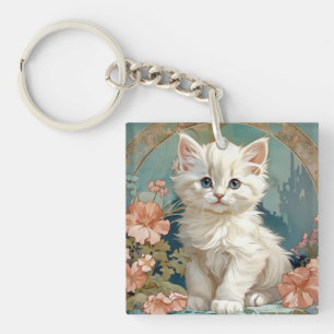 Alphonse Mucha Style White Cat Key Ring
