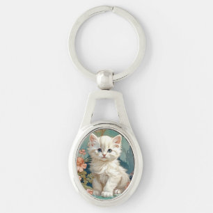 Alphonse Mucha Style White Cat Key Ring