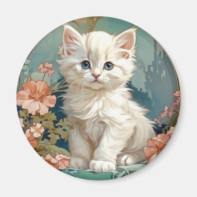Alphonse Mucha Style White Cat Magnet (Front)