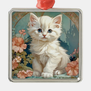 Alphonse Mucha Style White Cat Metal Ornament