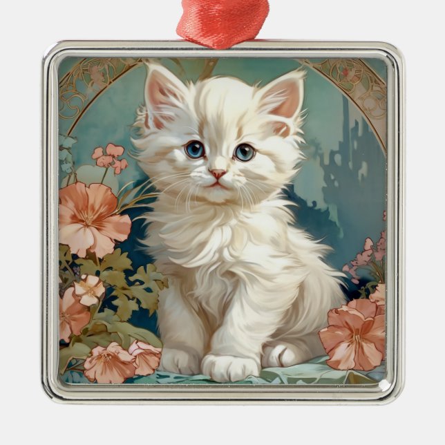 Alphonse Mucha Style White Cat Metal Ornament (Front)