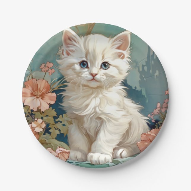 Alphonse Mucha Style White Cat Paper Plate (Front)