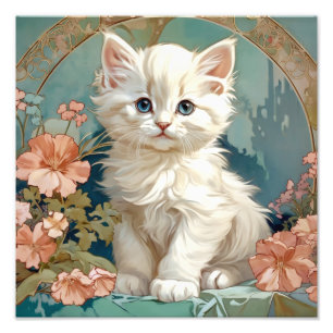 Alphonse Mucha Style White Cat Photo Print