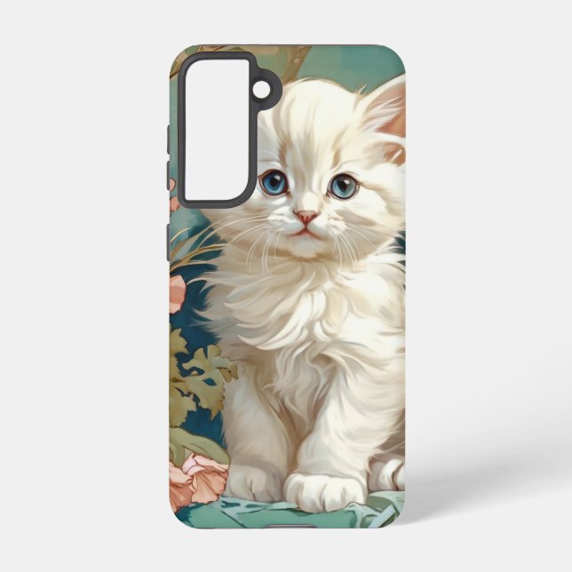 Alphonse Mucha Style White Cat Samsung Galaxy S21 Case (Back)