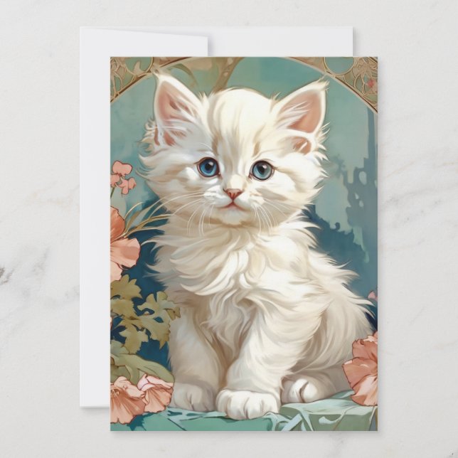 Alphonse Mucha Style White Cat Save The Date (Front)