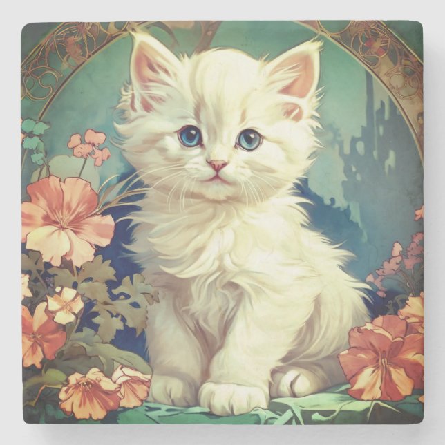 Alphonse Mucha Style White Cat Stone Coaster (Front)