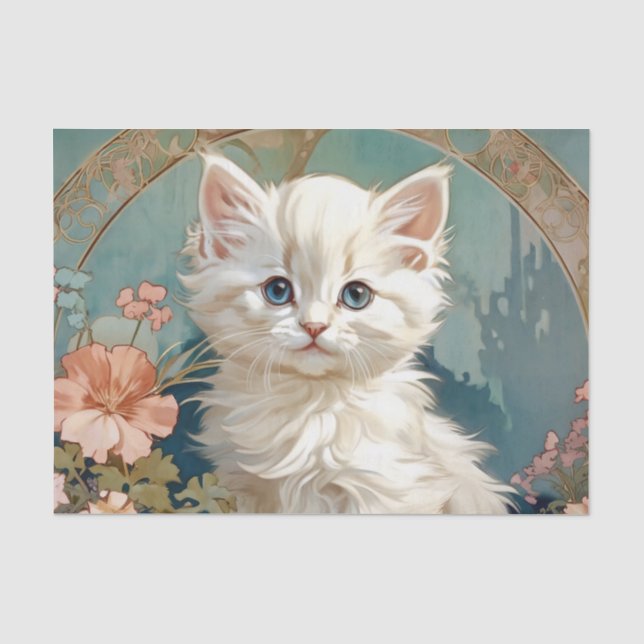 Alphonse Mucha Style White Cat Tissue Paper (Front)