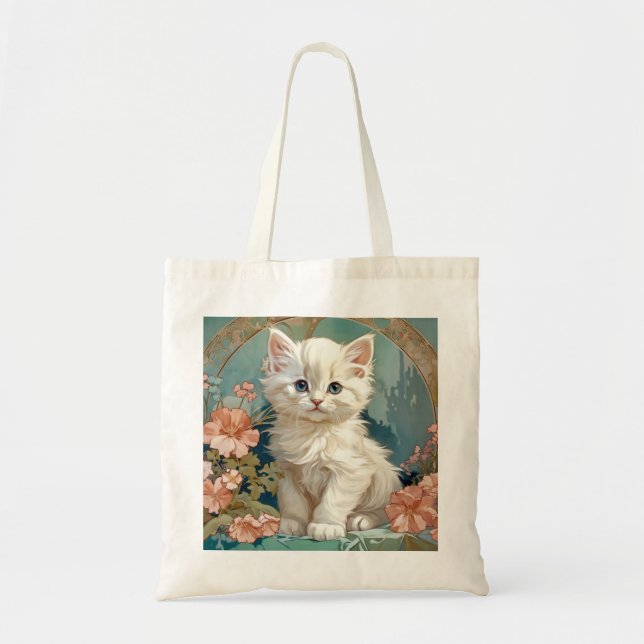 Alphonse Mucha Style White Cat Tote Bag (Front)