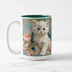 Alphonse Mucha Style White Cat Two-Tone Coffee Mug