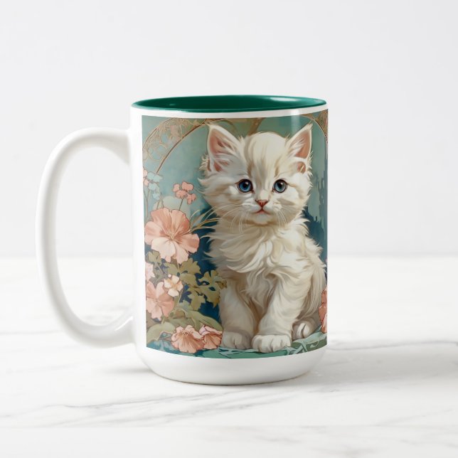 Alphonse Mucha Style White Cat Two-Tone Coffee Mug (Left)