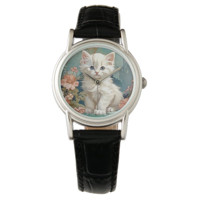 Alphonse Mucha Style White Cat Watch (Front)