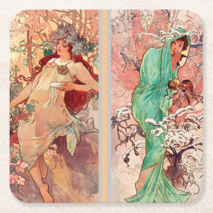 Alphonse Mucha, The Four Seasons (1896) Square Paper Coaster