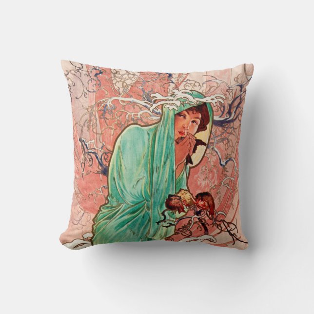 Alphonse Mucha, The Seasons, Winter (1896)  Cushion (Front)