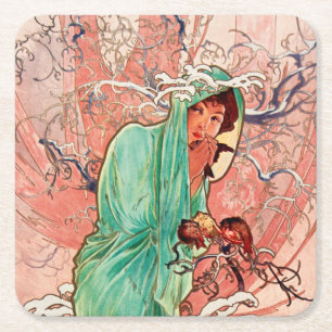 Alphonse Mucha, The Seasons, Winter (1896) Square Paper Coaster
