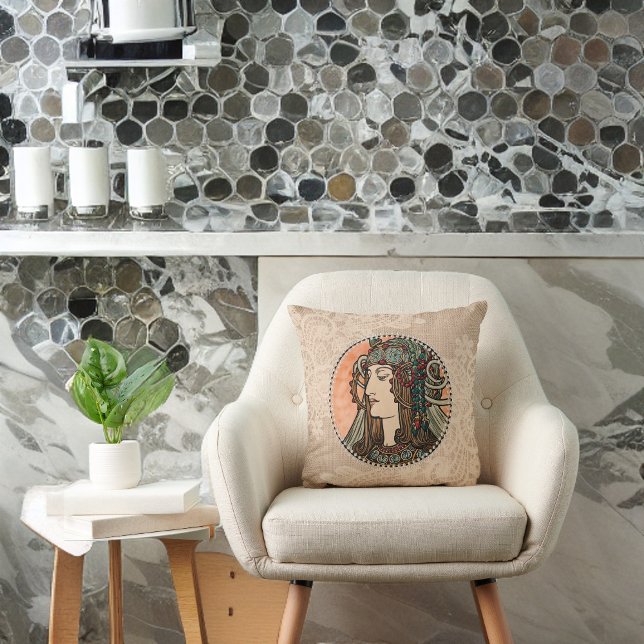 Alphonse Mucha Vintage Woman with Green Headdress Cushion (Creator Uploaded)