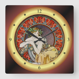 Alphonse Mucha~Woman W/Poppies~Salon des Cent ~ Square Wall Clock