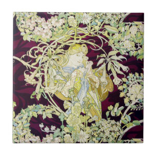 Alphonse Mucha Woman with Daisy Art Nouveau Art Ceramic Tile