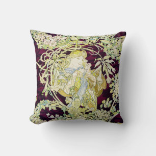 Alphonse Mucha Woman with Daisy Art Nouveau Art Cushion