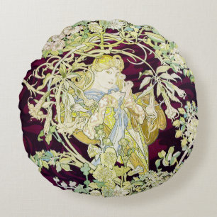Alphonse Mucha Woman with Daisy Art Nouveau Art Round Cushion