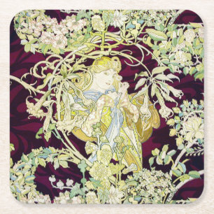 Alphonse Mucha Woman with Daisy Art Nouveau Art Square Paper Coaster