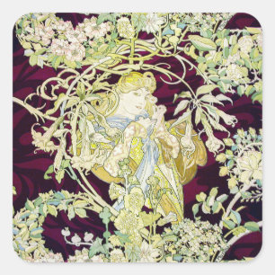Alphonse Mucha Woman with Daisy Art Nouveau Art Square Sticker