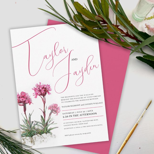 Alpine catchfly watercolor pink flowers weddiing invitation (Creator Uploaded)