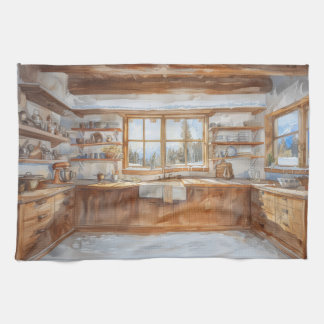 Alpine Chalet Kitchen with Snowy Mountain View Tea Towel