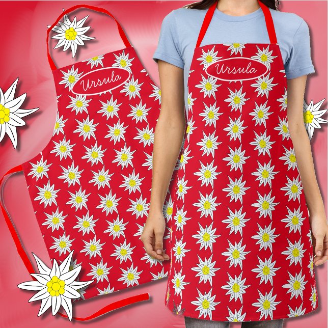Alpine Edelweiss Flower Print Red Apron (Creator Uploaded)