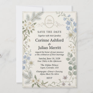 Alpine Flowers, Edelweiss, Blue Delphinium, Pine B Invitation