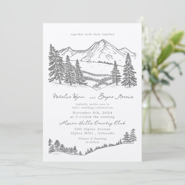 Alpine Hills Relief Print Wedding Invitation (Standing Front)
