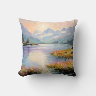 Alpine Lake Wilderness In Oil-Painted Fine Art Cushion