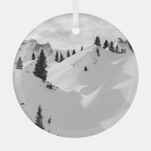 Alpine Landscape: Snowy Fir Trees Mountains Glass Tree Decoration