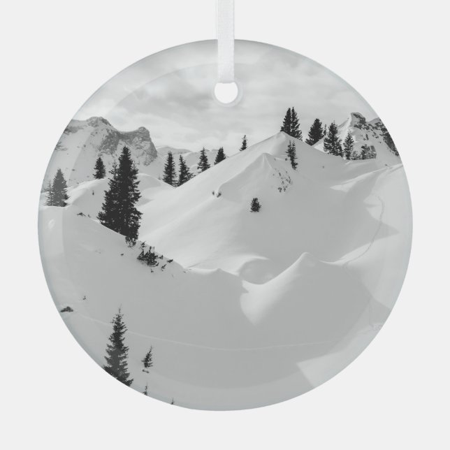 Alpine Landscape: Snowy Fir Trees Mountains Glass Tree Decoration (Front)