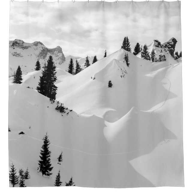 Alpine Landscape: Snowy Fir Trees Mountains Shower Curtain (Front)