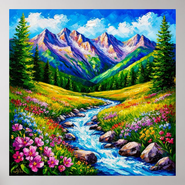 Alpine Landscape with Blooming Wildflowers Poster (Front)