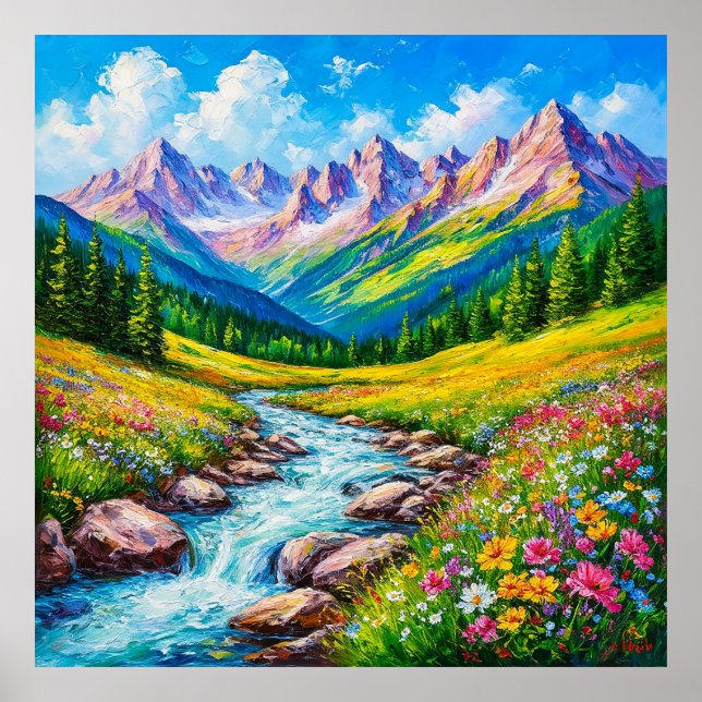 Alpine Landscape with Blooming Wildflowers Poster (Front)