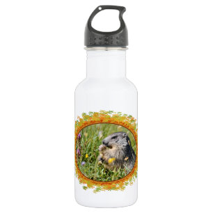 Alpine marmot eating flower in frame of leaves 532 ml water bottle